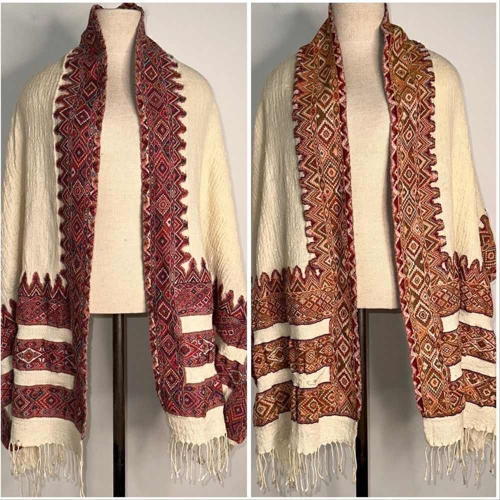 Embroidered Ivory Shawl with Red & Brown Geometric Trim